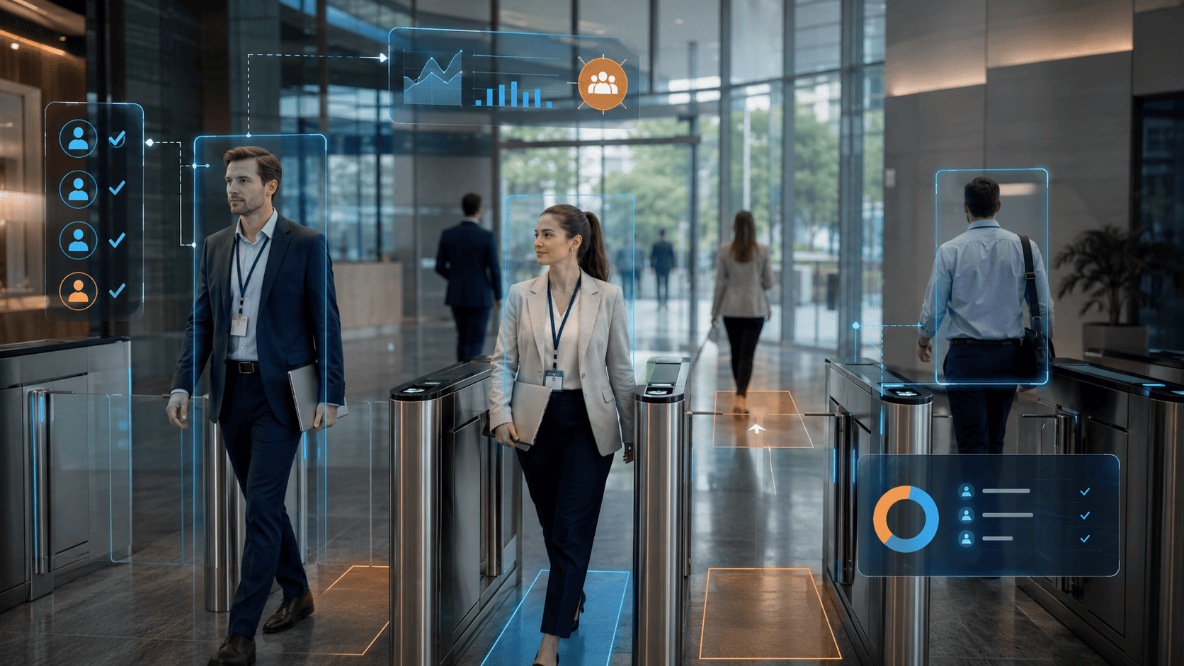Employee arrival through business center turnstiles